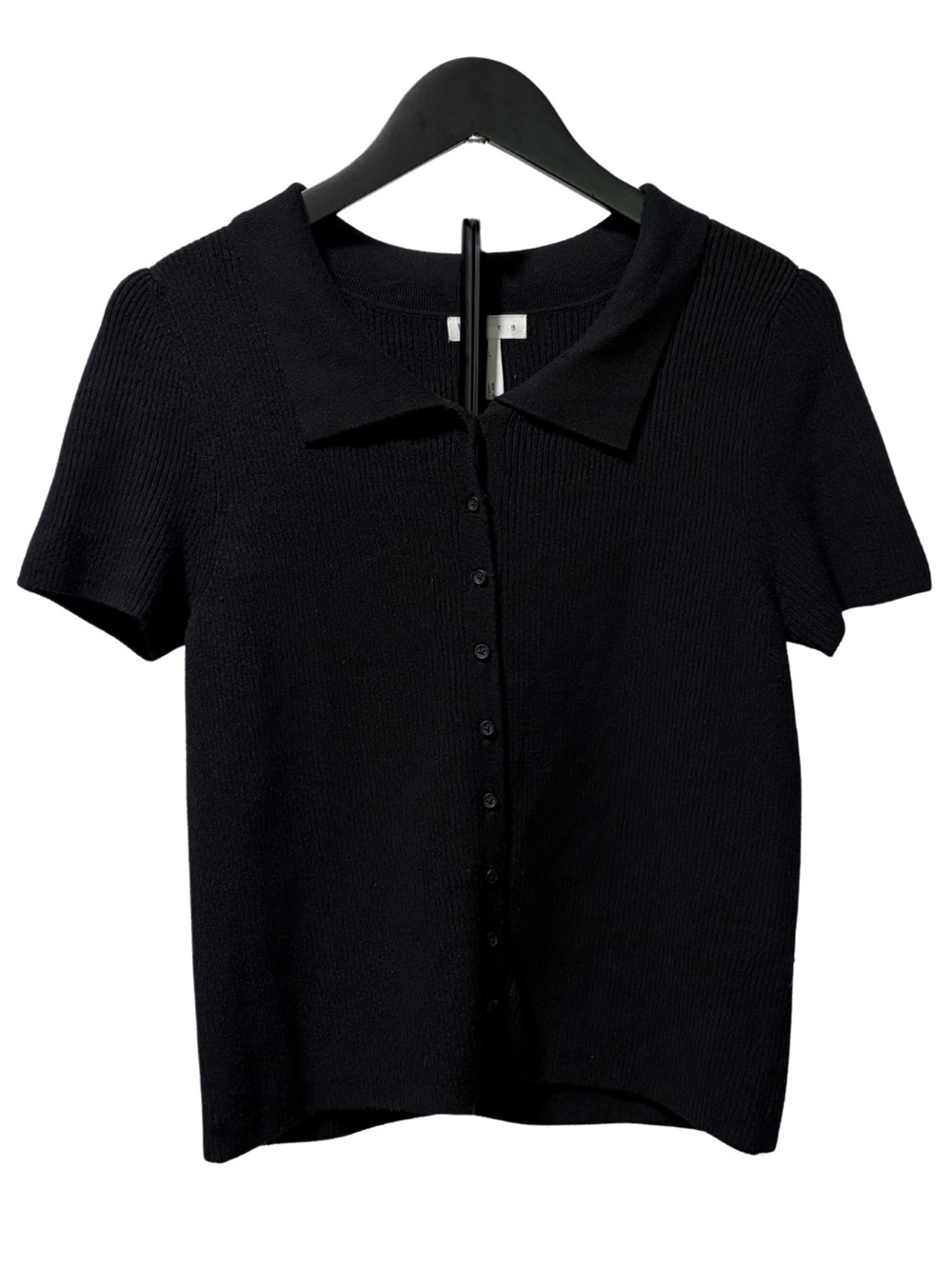 Leith Black Short-Sleeve Button-Front Knit Top with Spread Collar